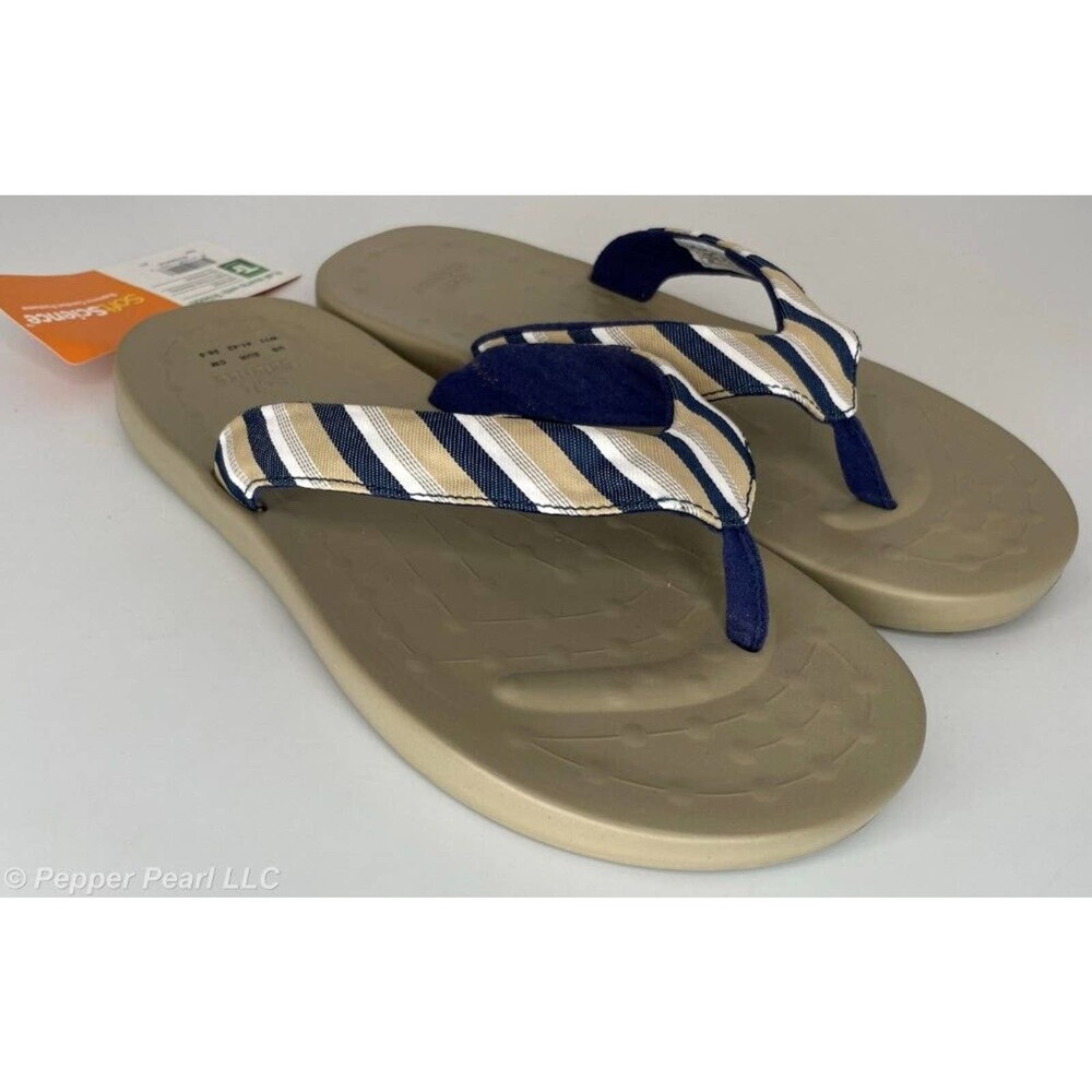 Flip Flop Thong Sandal Women's Size 10 Khaki Blue White Stripe Soft Science Foam